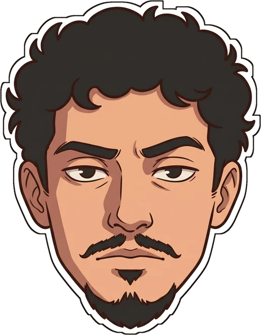 O Guxtavon desenhado: cabelo cacheado, bigodinho e barbicha